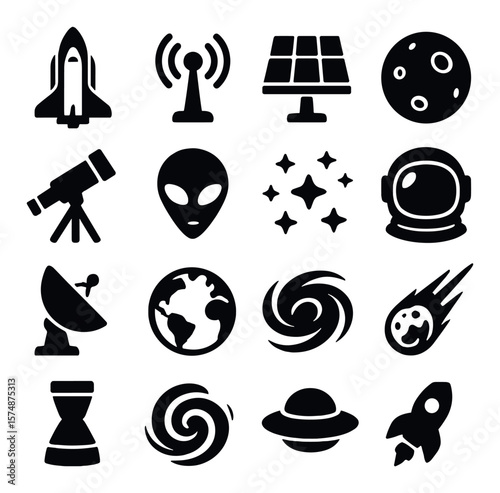 Space icon collection, cosmic designs. astronomy and universe symbols set