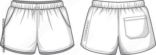 Athletic shorts technical drawing, front and back views, drawstring waistband, PERFORMANCE label, sportswear design, comfortable fit, detailed fashion sketch