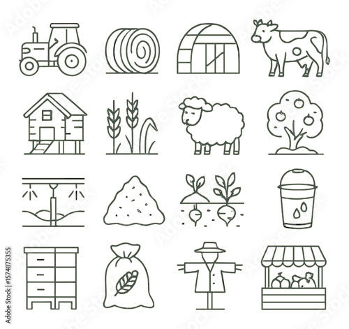 Farm life collection, agricultural icons. farming and rural design set for simple visuals