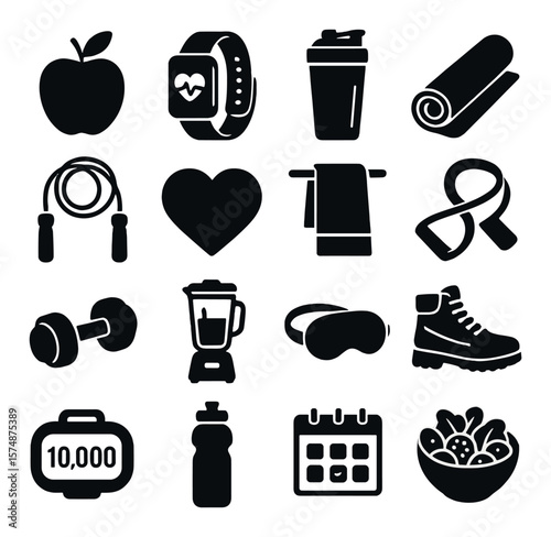 Fitness and nutrition icon collection, wellness health symbols. exercise and diet set