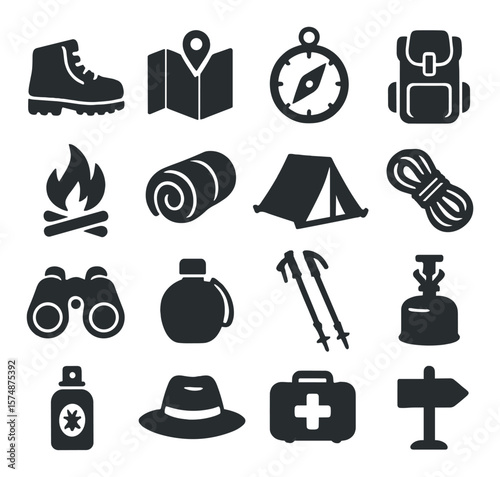 Outdoor adventure collection, camping and hiking icons. wilderness exploration set