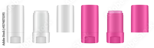 Cosmetic stick mockup set – white and pink plastic packaging with rotating bottom wheel. Сontainers for sun protection, anti-chafing products, deodorants, or skincare
