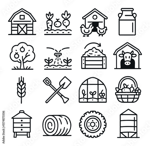 Farm icon collection: agriculture and rural symbols. farming and countryside design set