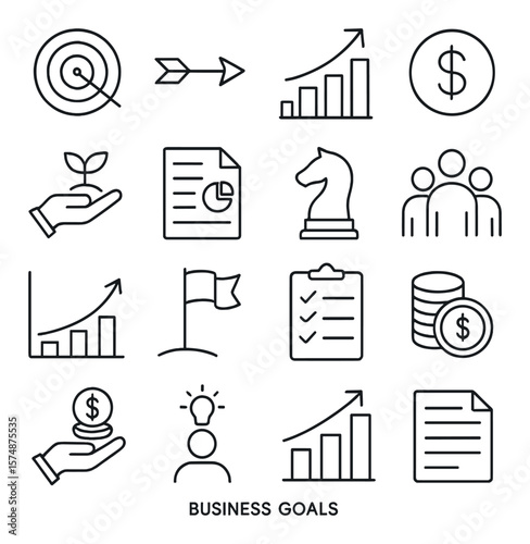 Business success icon collection, achievement and goal symbols. professional growth set