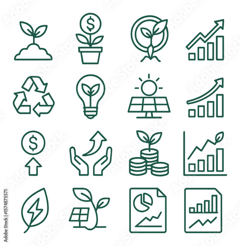 Sustainable business collection, eco-friendly and green economy icon set
