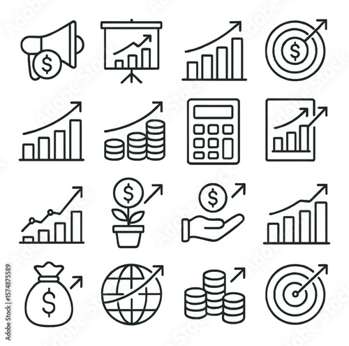 Revenue growth icon collection: simple financial symbols, business and success graphics set