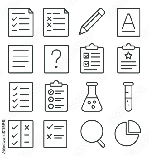 Exam tools icon collection, educational symbols set. test and assessment design assets