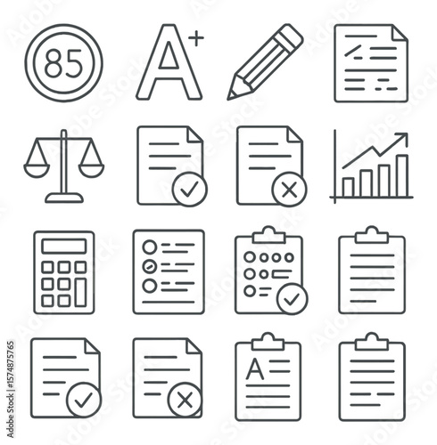 Grading system collection, academic evaluation icons. education and assessment set
