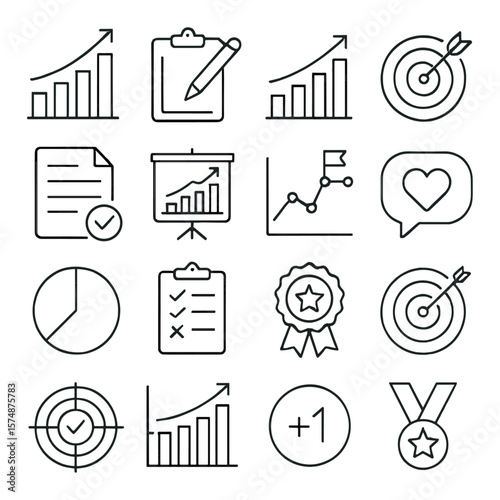Progress tracking collection, performance graphs, report icons. achievement symbols set