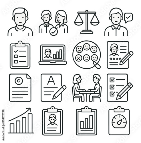 Performance review collection, appraisal and evaluation symbols for business analysis