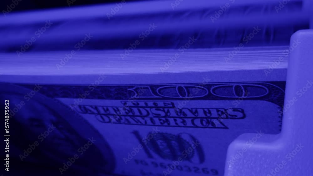 Banknotes and bag counter, Specialised police officer Counting dollar euro banknotes in crime lab with machine, cashed out criminal money, bitcoin changing, buying home flat in bank. 