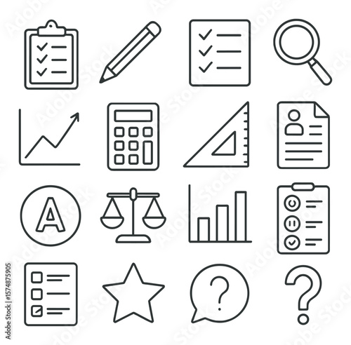 Evaluation tools collection, assessment and analysis icons. review and audit symbols set