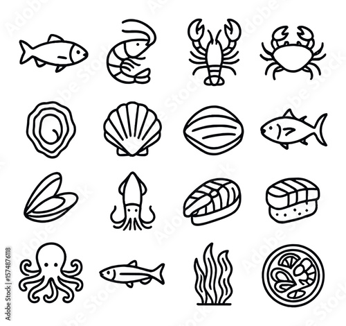 Seafood icon collection, marine food symbols. oceanic and aquatic elements set