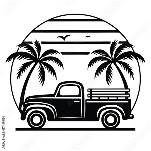 Vintage Pickup Truck Tropical Palm Trees Sunset Beach Summer Road Trip