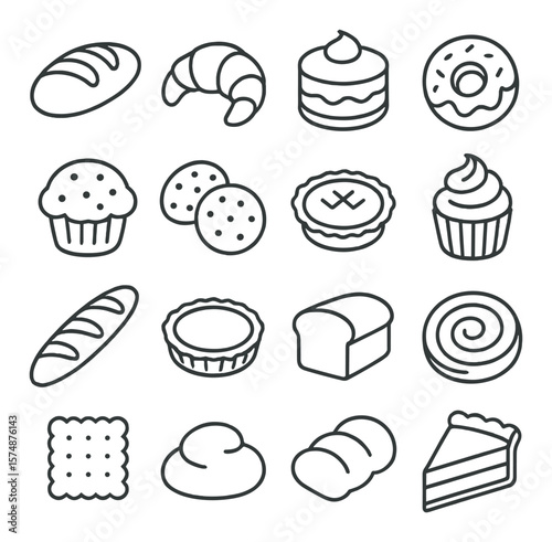 Bakery icons collection: pastry and dessert symbols, cakes and cookies design set