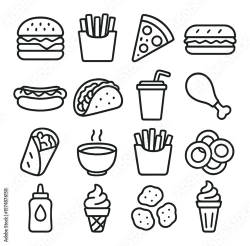 Fast food icons collection, quick meal symbols. snack, burger, and fries graphic set