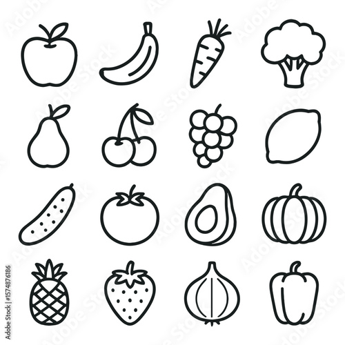 Produce icon collection, fruit and vegetable set. colorful healthy food symbols pack