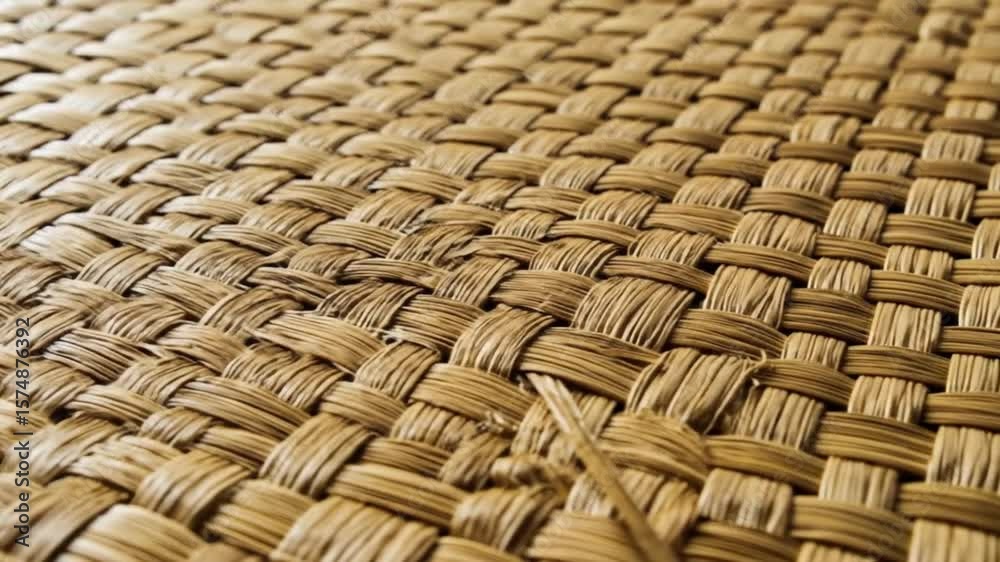 Close-up of woven natural fiber mat with intricate texture and warm, earthy tones