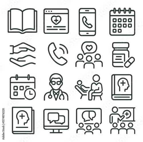 Mental health icon collection, wellness symbols. therapy and mental care graphics set
