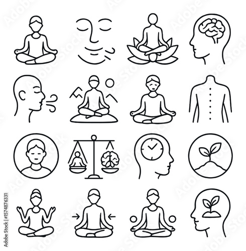 Mindfulness icons collection, meditation and relaxation symbols. calm and zen design set