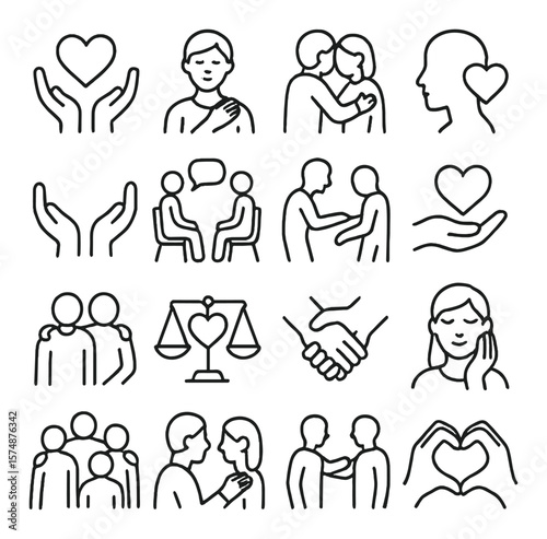 Support and empathy icons collection, caring symbols. understanding and compassion design set