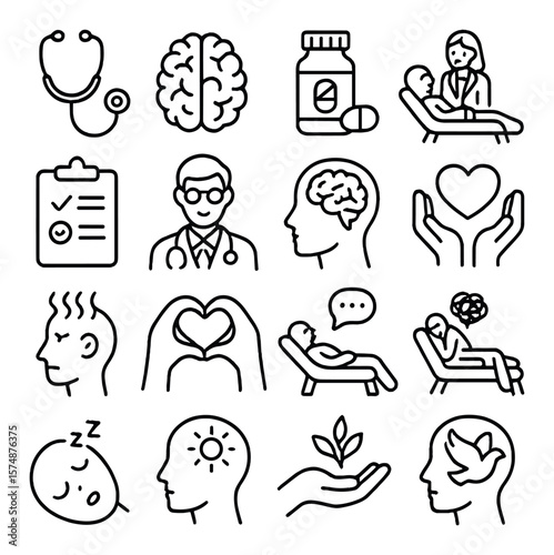 Mental health icon collection, wellness and therapy symbols. simple mindfulness set