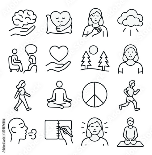 Coping strategies collection, mental well-being icons. stress management and relaxation set