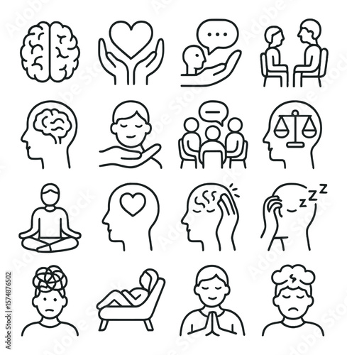 Mental wellness icon collection, mental health and therapy symbols. self-care symbol set