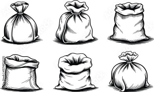 "Drawstring and Open Sack Icon Set, Hand-Drawn Bag Vector Collection.

