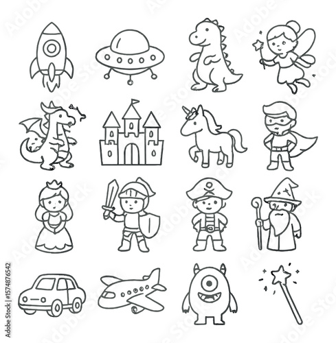Child's imaginative icons collection, fantasy play elements. creative kids' story set