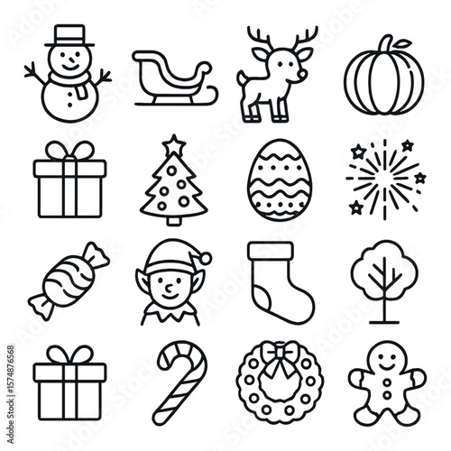 Holiday icon collection: festive, seasonal design symbols for celebrations and events
