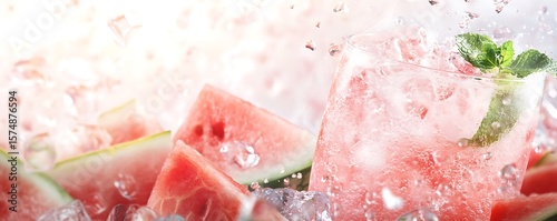 Refreshing bright pink watermelon lemonade with mint leaves summer garden beverage photography splashing water close-up summer vibe
