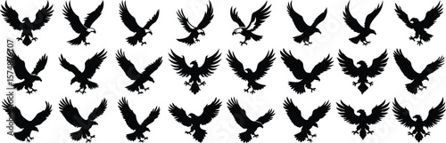 Vector silhouettes of majestic eagles in flight depicting strength freedom and power across a white background