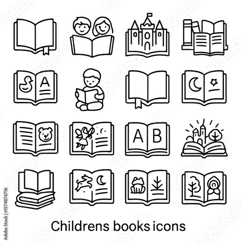 Children's book collection, kids reading icons. picture book and education symbols