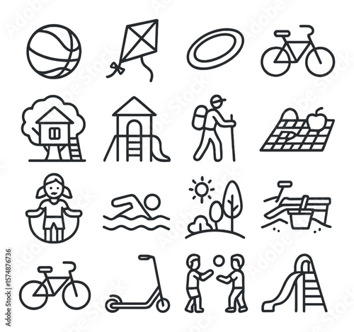 Outdoor fun icon collection, recreational activity symbols. leisure and adventure set