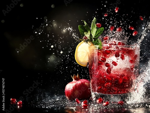 Refreshing bright red pomegranate cocktail night bar beverage splash dark atmosphere dynamic action party vibe