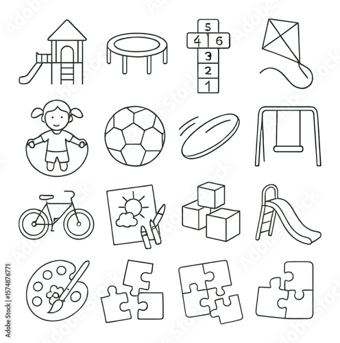 Playful kid icons collection, children's playtime symbols. fun and activity graphics set