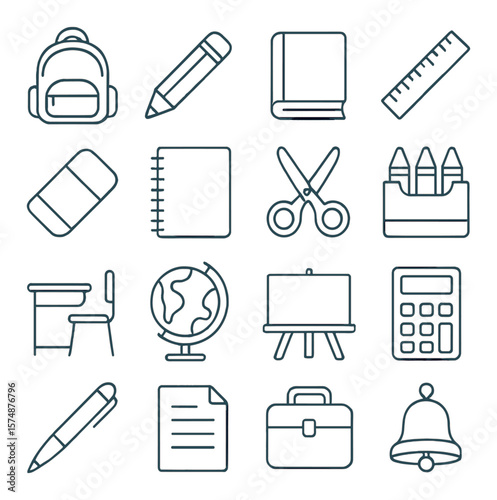 School supplies collection, educational tools icons. classroom and learning essentials set