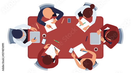 Overhead view of six people sitting around a table working on documents during a meeting session