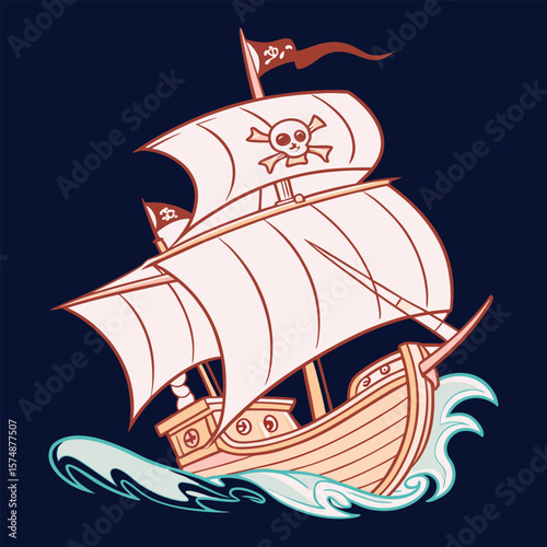 Pirate Ship Sailing the Seas with Skull and Crossbones Flags Design