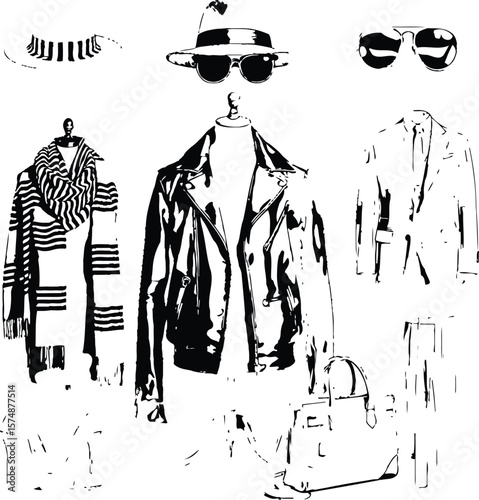 Black-and-White Vector Illustration of Fashion Accessories & Apparel Display – 7-Item Style Composition