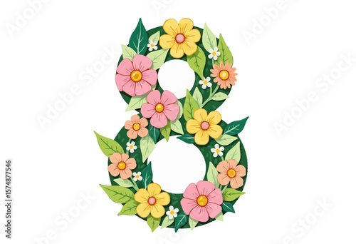 Floral number eight with pink and yellow flowers and green leaves  