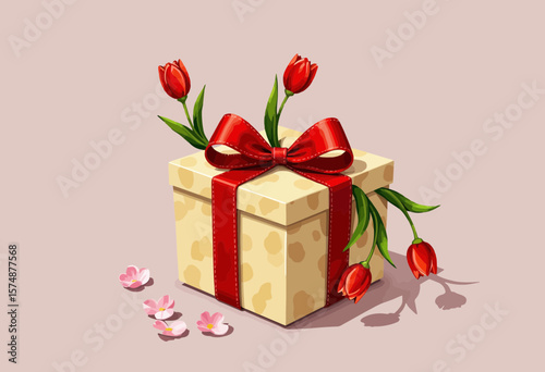 Decorative gift box with red tulips and ribbon on pink background  