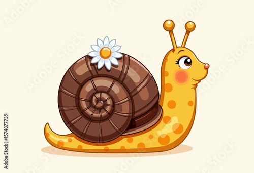 Cartoon snail with a flower on its shell against a light background  