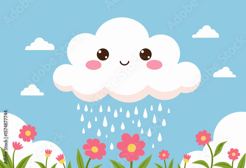 Cute smiling cloud with raindrops above colorful flowers in sky  