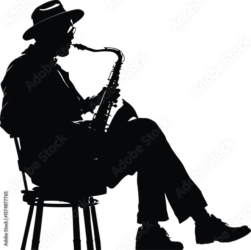 Black-and-White Vector Illustration of Seated Saxophone Player – 1-Scene Musical Silhouette