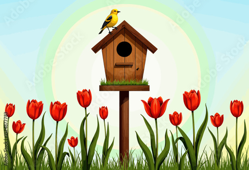 Yellow bird sitting on birdhouse surrounded by red tulips in spring  