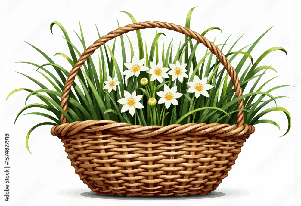 Obraz premium Basket filled with white flowers and green grass 