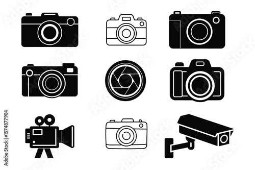 Collection of diverse camera icons including vintage film cameras and modern security cameras