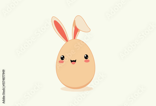Cute cartoon egg with bunny ears and smiling face on pastel background  